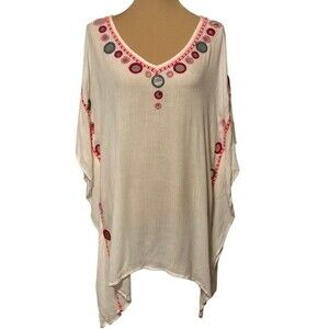 NWT White Mirror Circle Poncho Top with Tassels Sz M Lightweight Spring Summer
